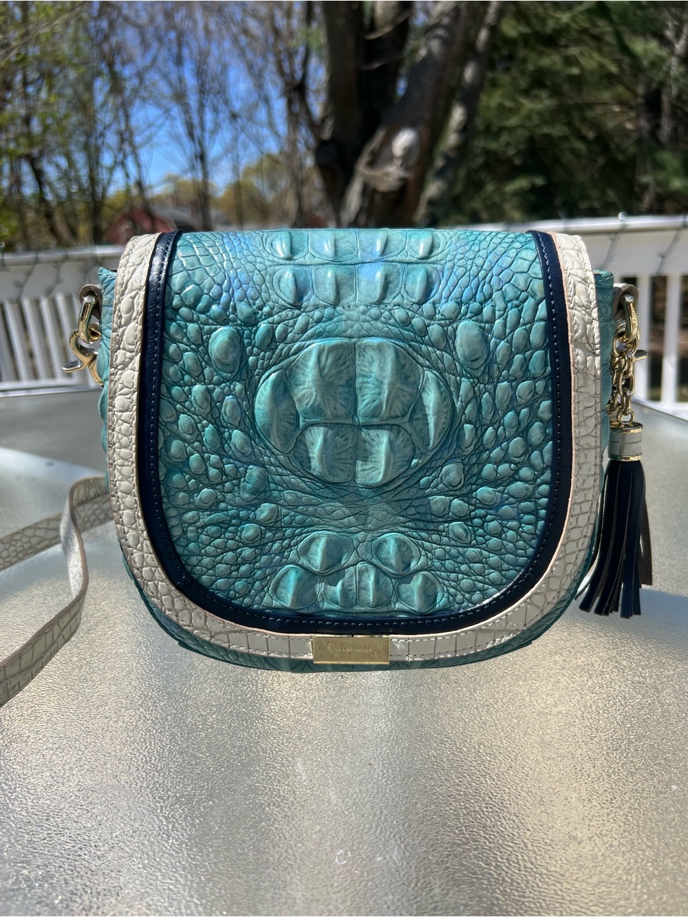 Brahmin Mini Sonny Turquoise Croc-Embossed Crossbody with White and Navy Trim - Picture 7 of 9